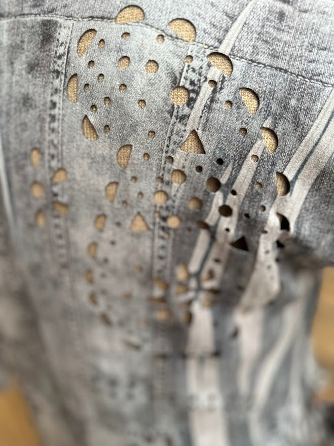 Blue Denim Print Laser-Cut Faux Suede Fringe Jacket
