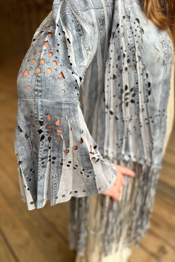 Blue Denim Print Laser-Cut Faux Suede Fringe Jacket