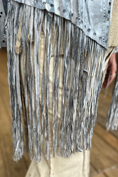 Blue Denim Print Laser-Cut Faux Suede Fringe Jacket