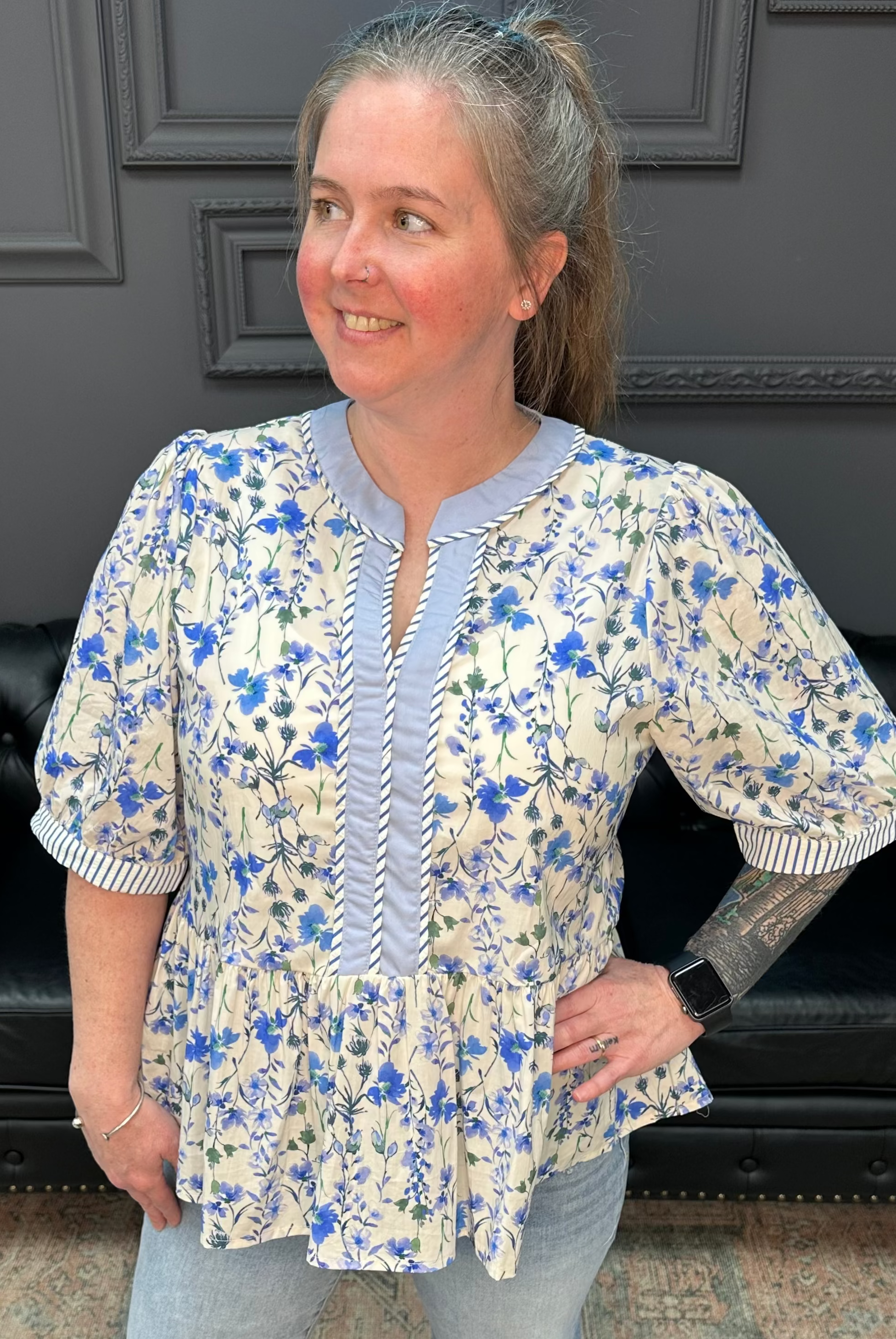 blue floral blouse, peplum floral top, contrast trim blouse, womens spring tops, lightweight woven blouse, feminine boutique tops
