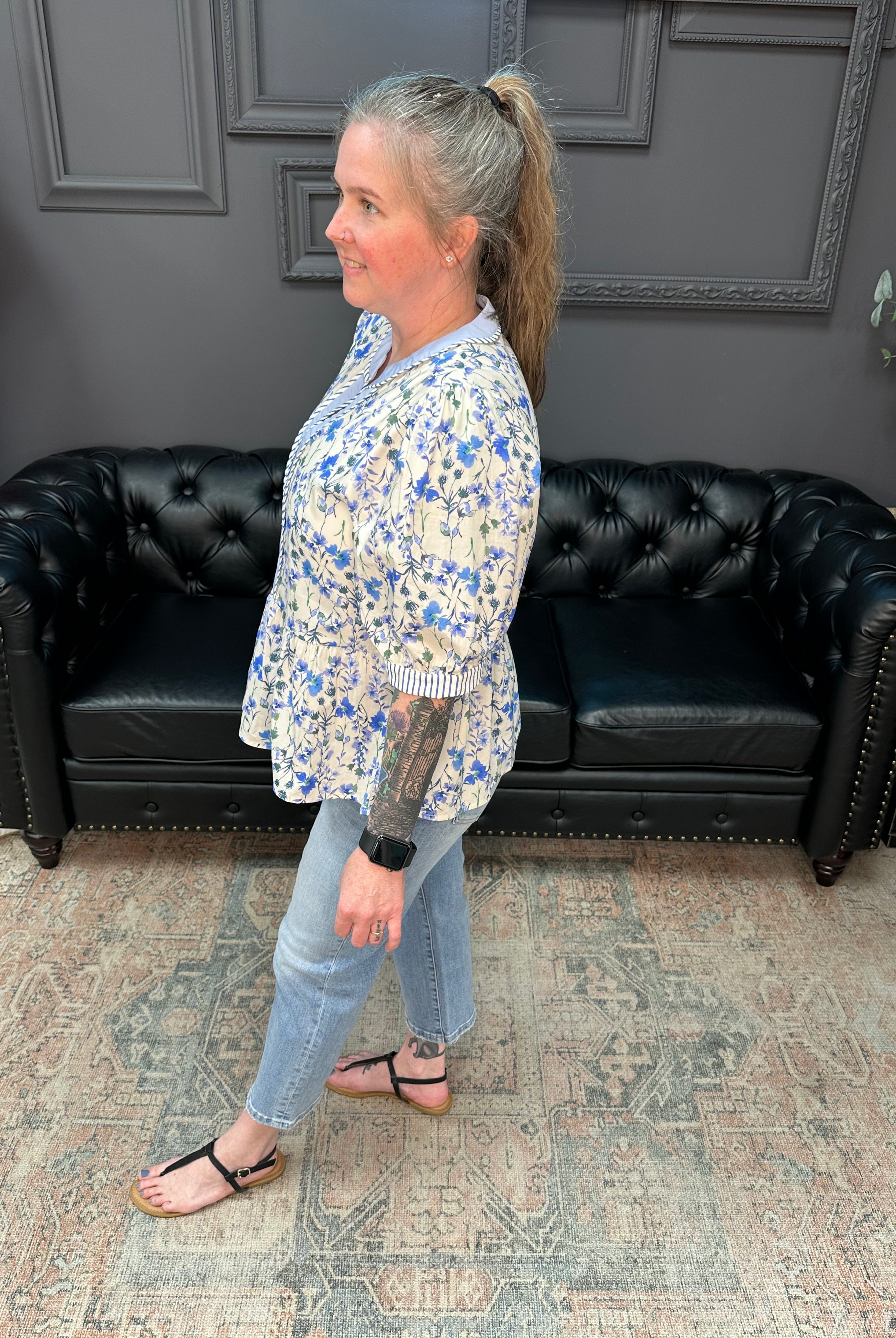 blue floral blouse, peplum floral top, contrast trim blouse, womens spring tops, lightweight woven blouse, feminine boutique tops