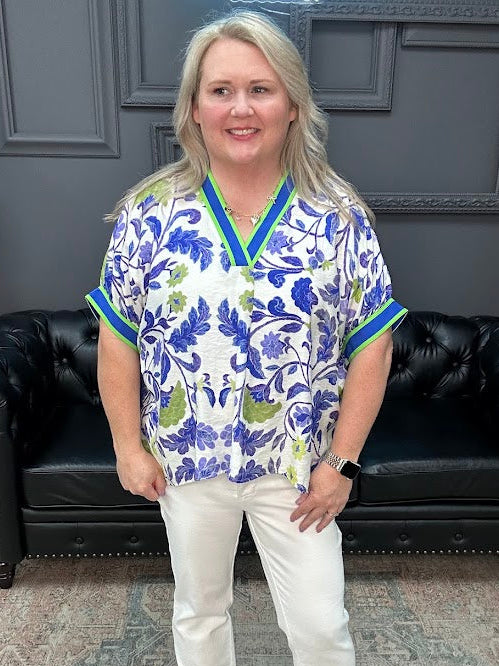 Blue Floral Contrast Trim V-Neck Top