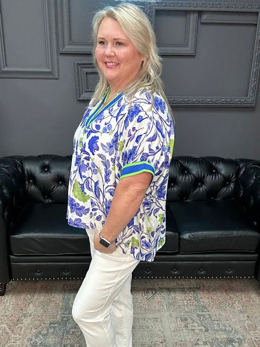 Blue Floral Contrast Trim V-Neck Top