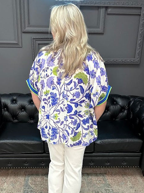 Blue Floral Contrast Trim V-Neck Top