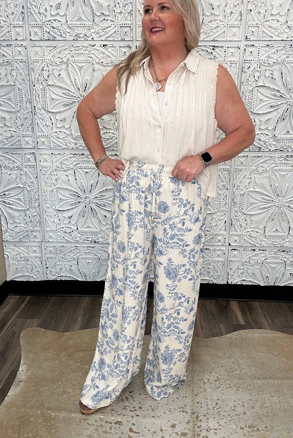 Blue Floral Linen Blend Wide Leg Pants