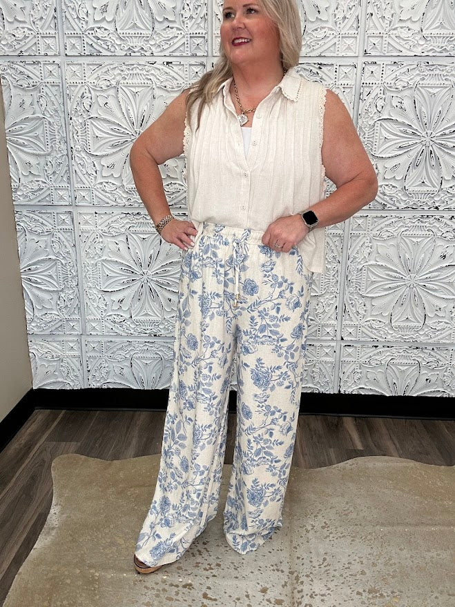Blue Floral Linen Blend Wide Leg Pants