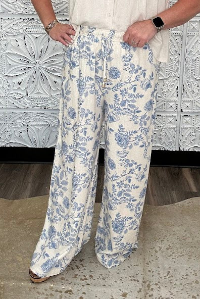 Blue Floral Linen Blend Wide Leg Pants