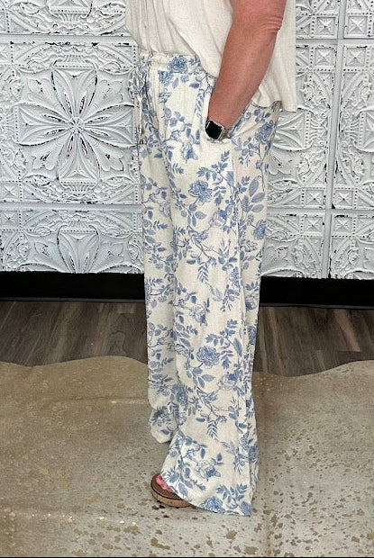 Blue Floral Linen Blend Wide Leg Pants