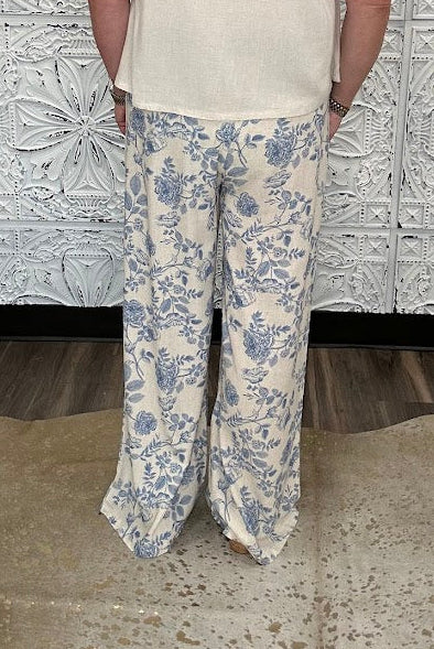 Blue Floral Linen Blend Wide Leg Pants