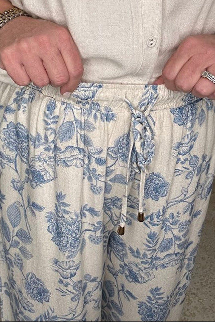 Blue Floral Linen Blend Wide Leg Pants
