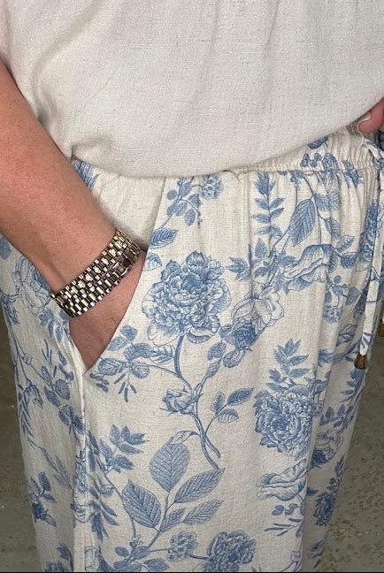 Blue Floral Linen Blend Wide Leg Pants