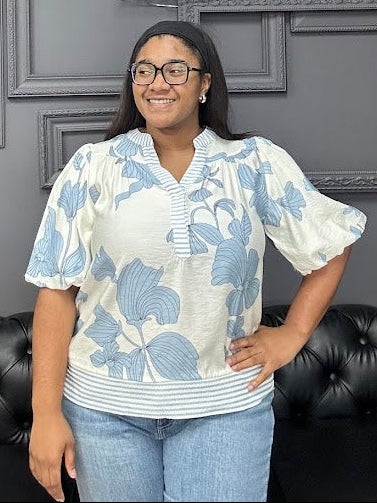 printed woven top, bubble sleeve top, women’s boutique top, contrast trim blouse, everyday blouse, casual work top
