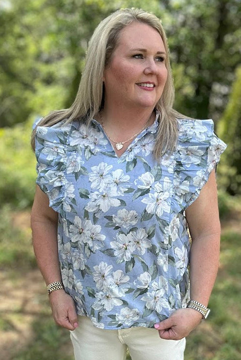 Blue Floral Ruffle Sleeve V-Neck Cotton Blouse