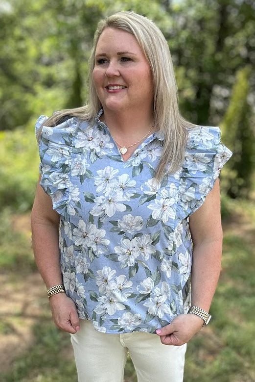 Blue Floral Ruffle Sleeve V-Neck Cotton Blouse