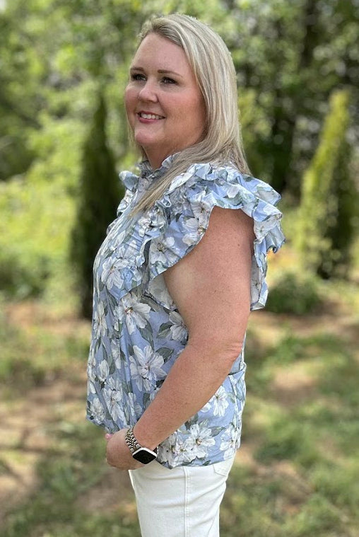 Blue Floral Ruffle Sleeve V-Neck Cotton Blouse