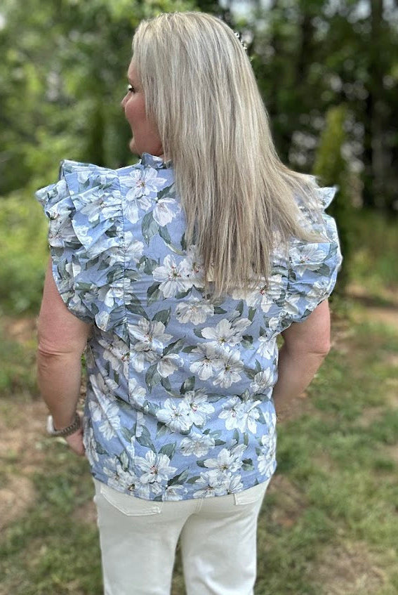 Blue Floral Ruffle Sleeve V-Neck Cotton Blouse
