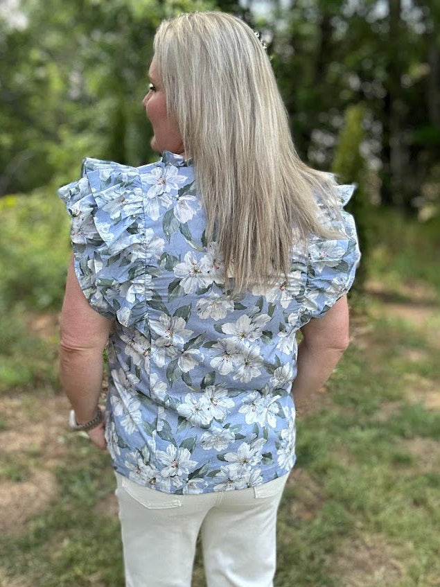 Blue Floral Ruffle Sleeve V-Neck Cotton Blouse