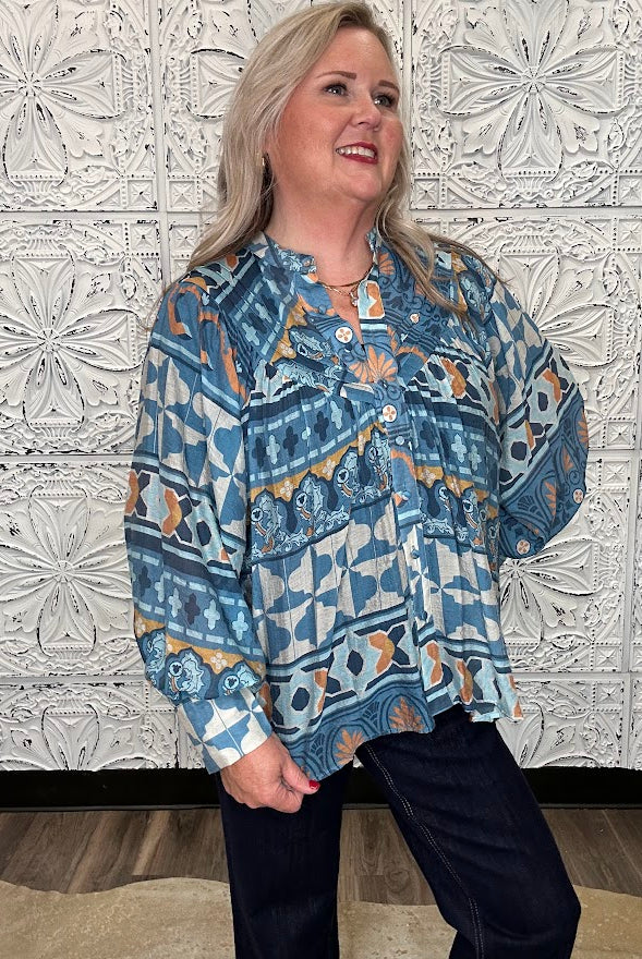 Blue Geometric Floral Button Front Blouse