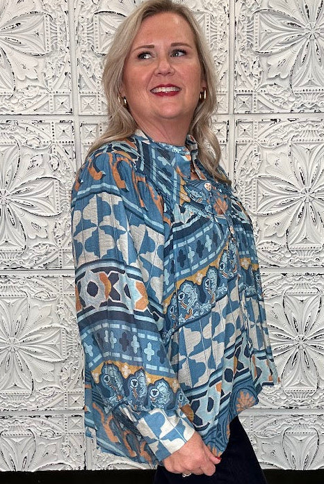 Blue Geometric Floral Button Front Blouse