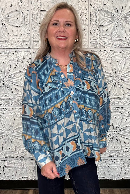 Blue Geometric Floral Button Front Blouse