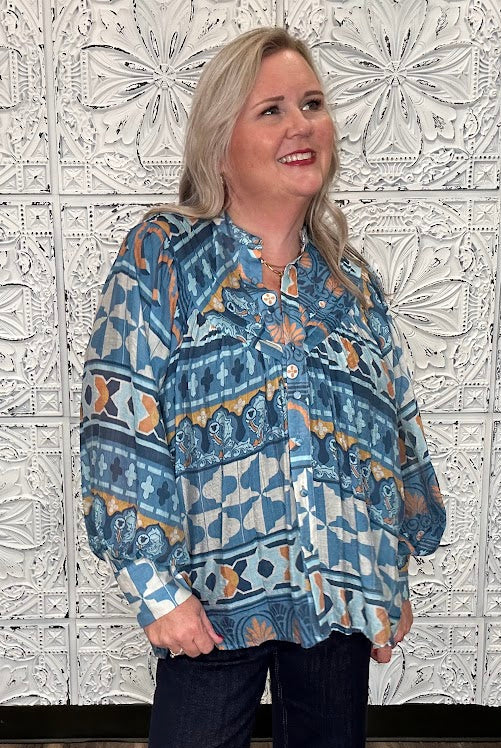 Blue Geometric Floral Button Front Blouse
