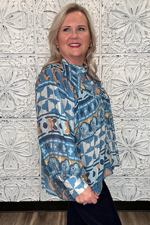 Blue Geometric Floral Button Front Blouse