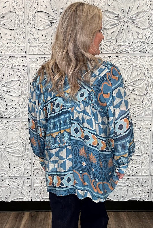 Blue Geometric Floral Button Front Blouse