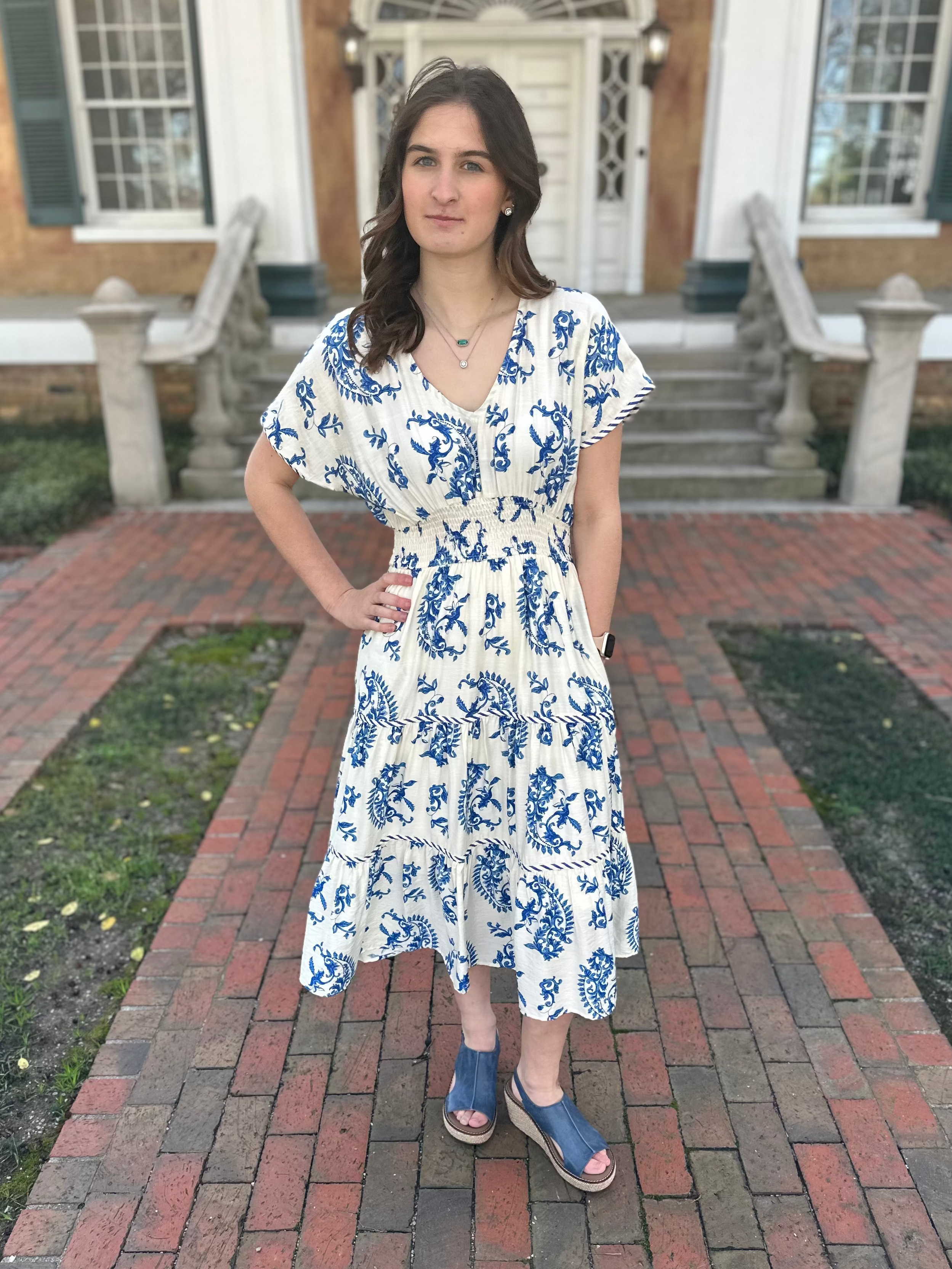 blue paisley midi dress, smocked waist dress, tiered midi dress, modest summer dress, printed midi dress with pockets, boutique midi dress