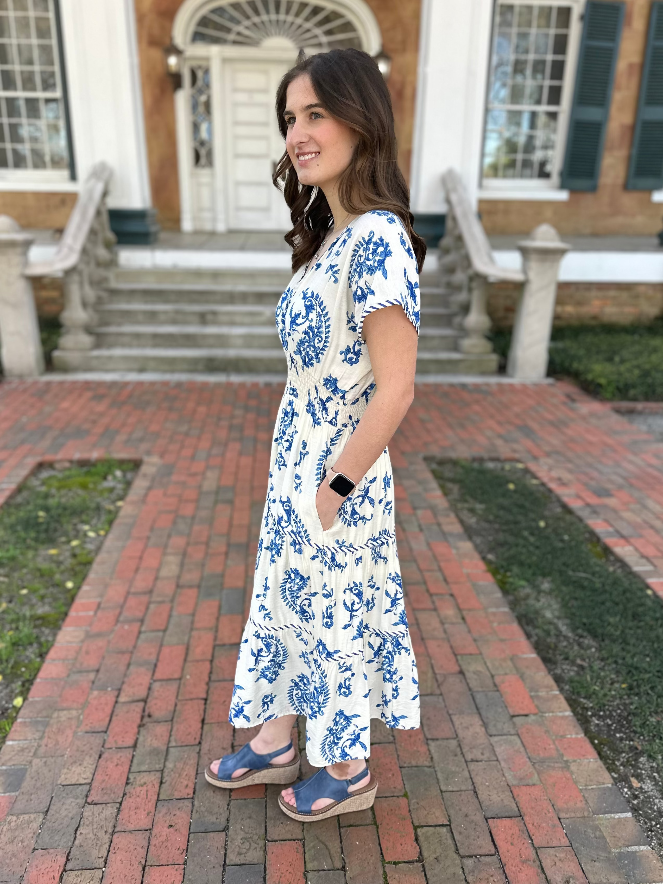 blue paisley midi dress, smocked waist dress, tiered midi dress, modest summer dress, printed midi dress with pockets, boutique midi dress