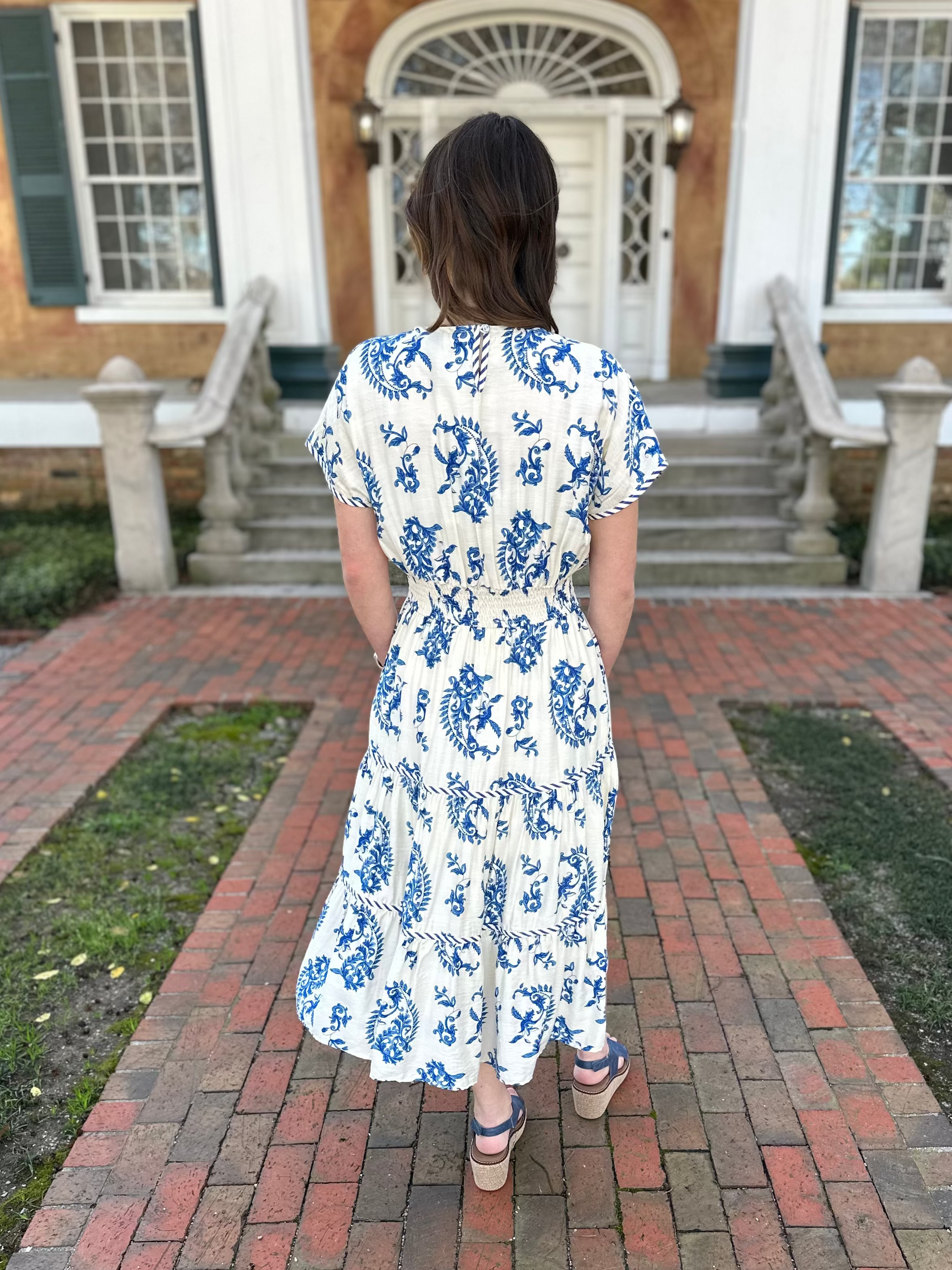 blue paisley midi dress, smocked waist dress, tiered midi dress, modest summer dress, printed midi dress with pockets, boutique midi dress