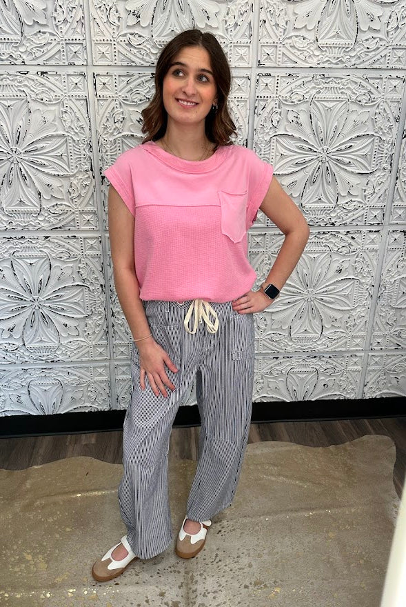 striped barrel pants, drawstring waist pants, black and white stripe pants, boutique wide leg pants, relaxed fit striped trousers, casual chic pants