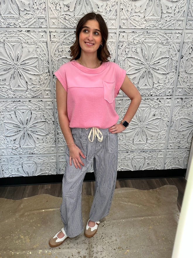 striped barrel pants, drawstring waist pants, black and white stripe pants, boutique wide leg pants, relaxed fit striped trousers, casual chic pants