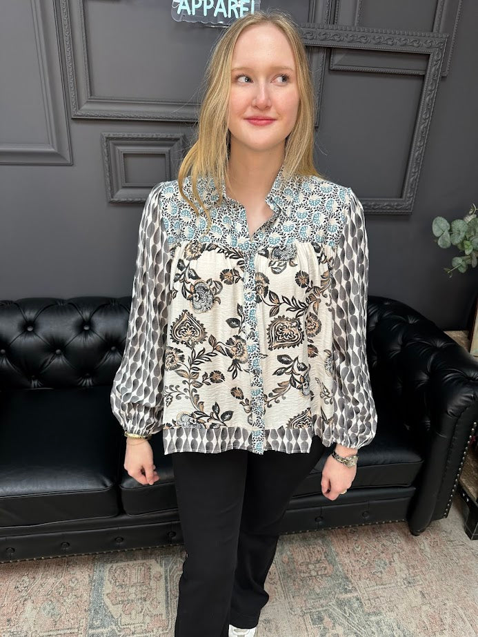 mixed print blouse, boho top, patterned button down, lightweight blouse, boutique tops, flowy shirt, bohemian style, work to weekend blouse, long sleeve button down, statement blouse