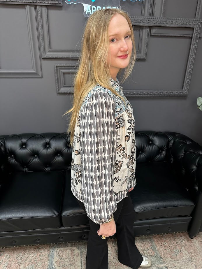 mixed print blouse, boho top, patterned button down, lightweight blouse, boutique tops, flowy shirt, bohemian style, work to weekend blouse, long sleeve button down, statement blouse