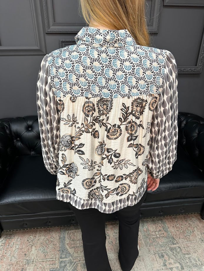 mixed print blouse, boho top, patterned button down, lightweight blouse, boutique tops, flowy shirt, bohemian style, work to weekend blouse, long sleeve button down, statement blouse