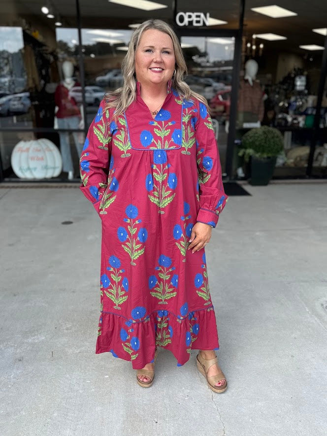  floral midi dress, cotton boho dress, ruffle hem midi dress, long sleeve floral dress, red floral dress, statement midi dress, bohemian cotton dress