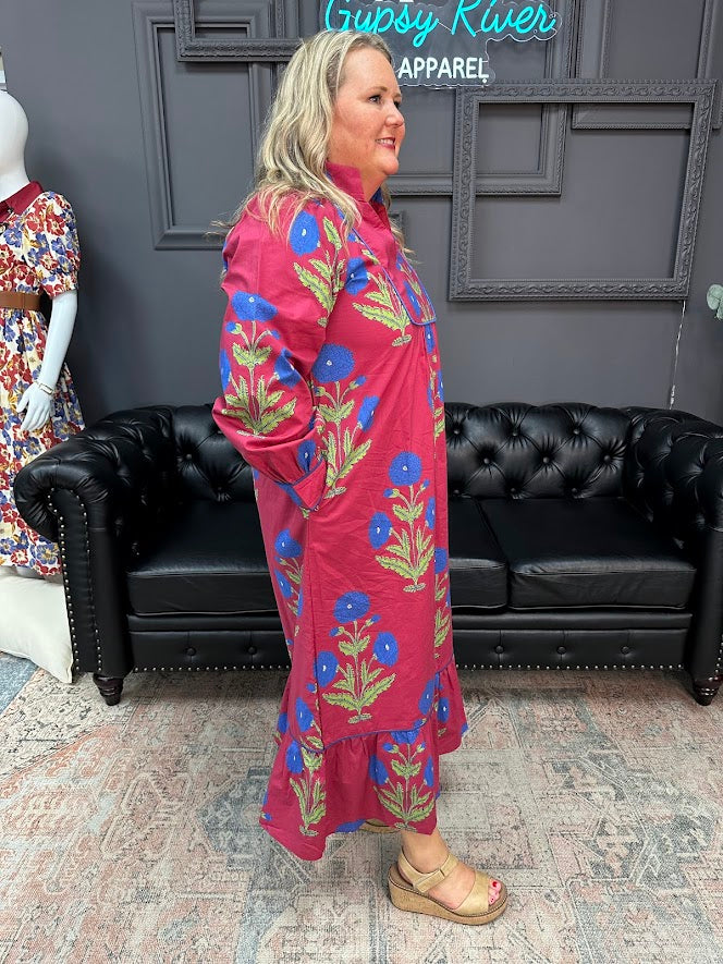 floral midi dress, cotton boho dress, ruffle hem midi dress, long sleeve floral dress, red floral dress, statement midi dress, bohemian cotton dress