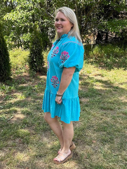 Boho Floral Embroidered Mini Dress with Puff Sleeves