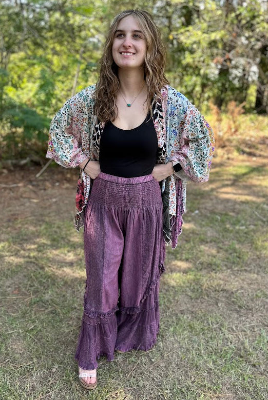 Boho Mineral Wash Lace Tiered Ruffle Pants