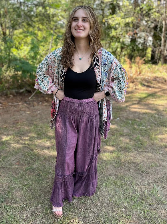 Boho Mineral Wash Lace Tiered Ruffle Pants