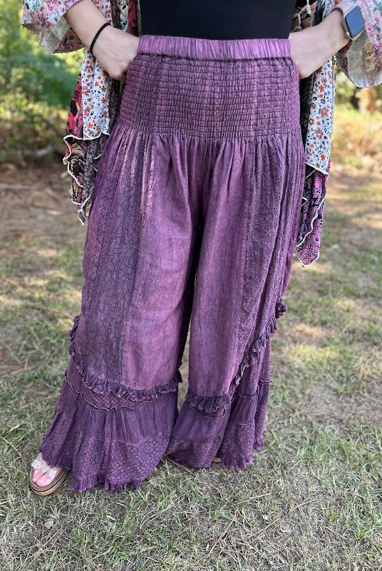 Boho Mineral Wash Lace Tiered Ruffle Pants