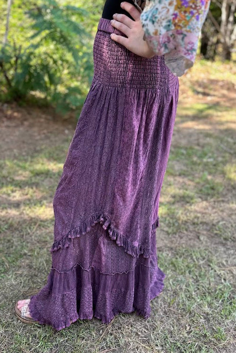 Boho Mineral Wash Lace Tiered Ruffle Pants