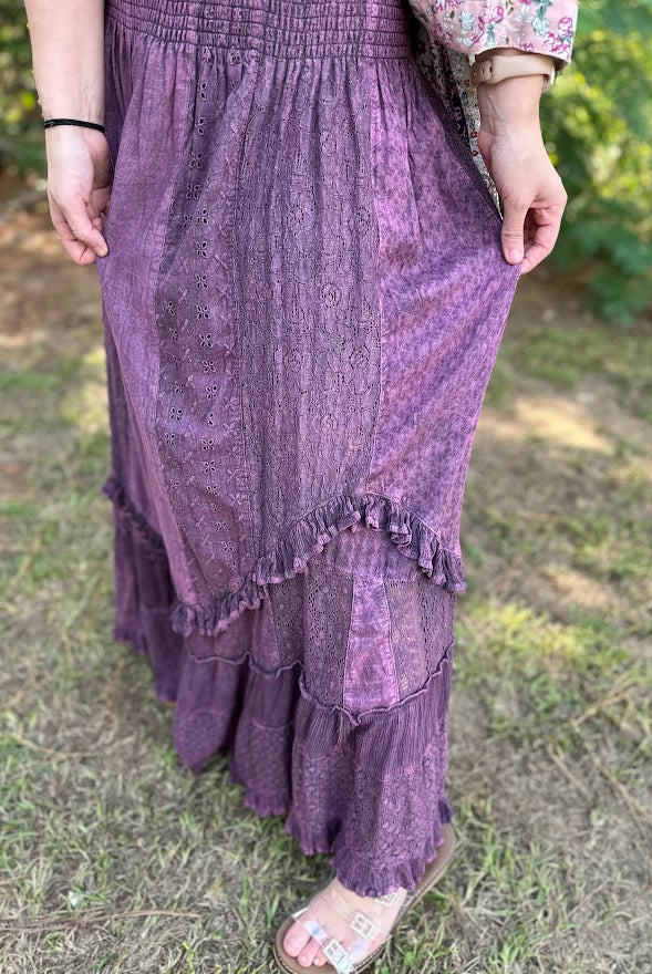 Boho Mineral Wash Lace Tiered Ruffle Pants