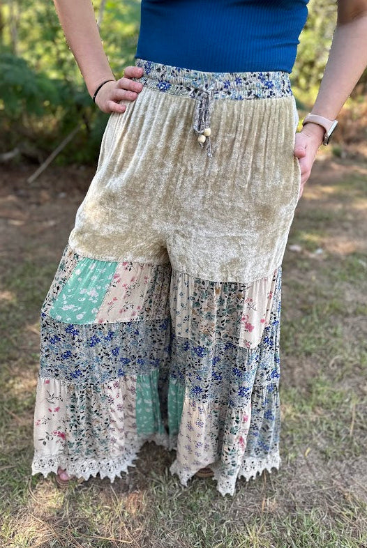 Boho Tiered Floral Patchwork Velvet Waist Pants