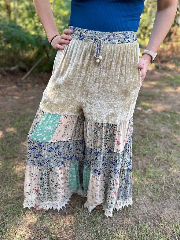 Boho Tiered Floral Patchwork Velvet Waist Pants
