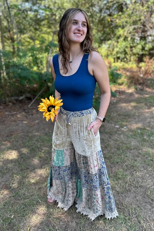 Boho Tiered Floral Patchwork Velvet Waist Pants
