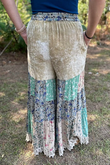 Boho Tiered Floral Patchwork Velvet Waist Pants