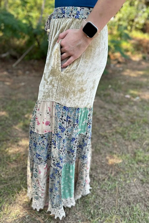 Boho Tiered Floral Patchwork Velvet Waist Pants