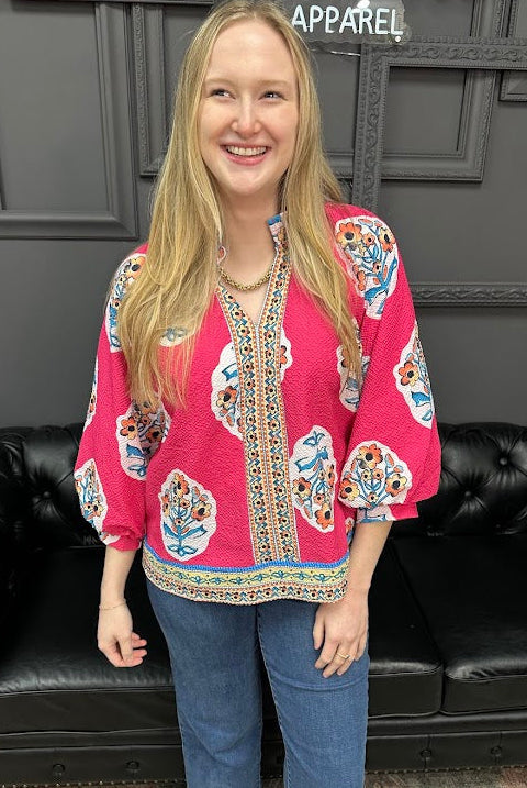 boho tunic top, floral print tunic, split v neck blouse, boho blouse, women’s boho top, boutique tunic, Gypsy River Apparel