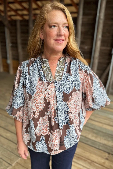 Brown Mix Printed Long Sleeve Top